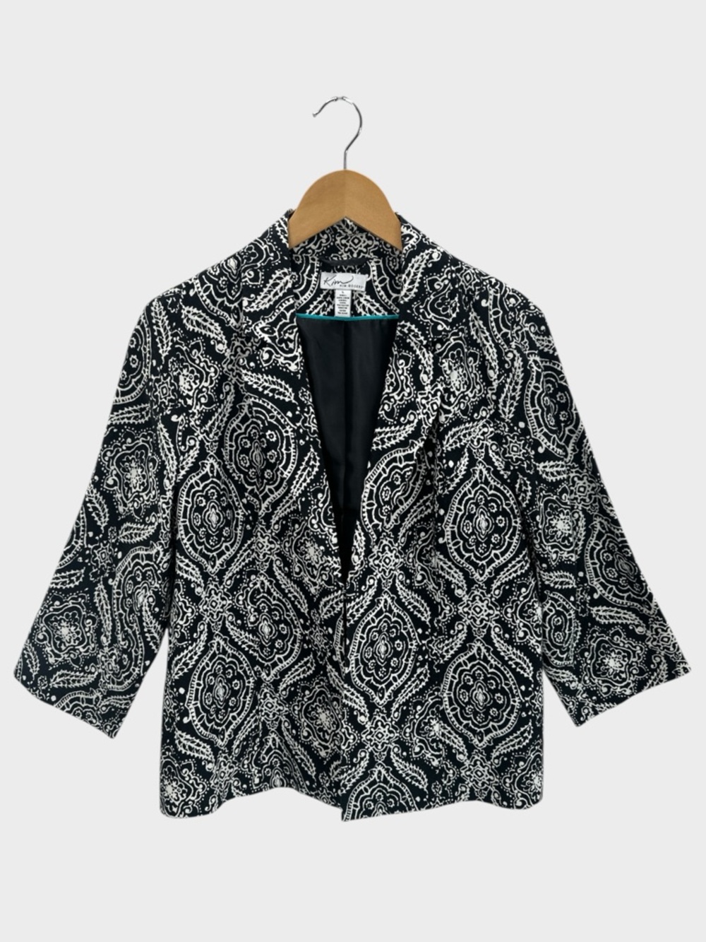 Kim Rogers‎ Linen Blazer Paisley Black White 3/4 Sleeve Lightweight Resort L